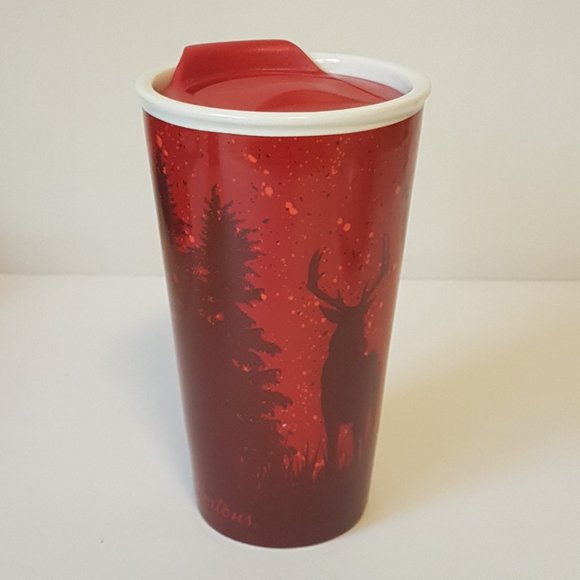 Tim Hortons 2017 Travel Mug Lidded Tumbler Deer Elk Trees Winter Holiday Red - Picture 5 of 16